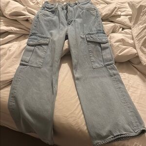 Light Blue Cargo Jeans for Women - Wide Leg